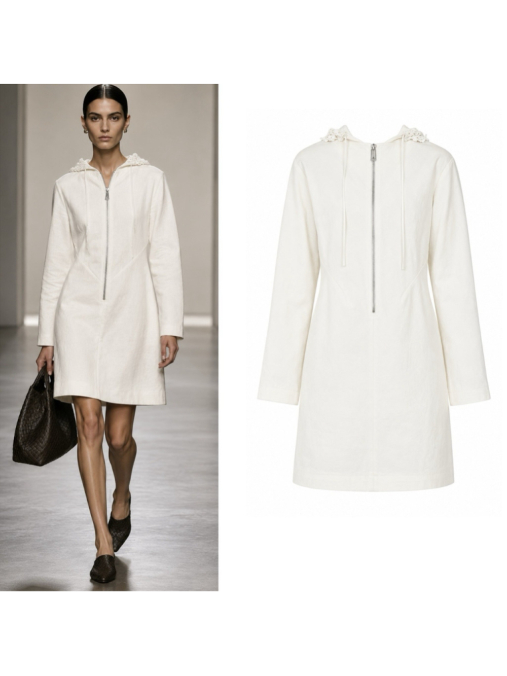 BOTTEGA VENETA Crochet Hood Zip Up Long Sleeve Linen Canvas Dress IT 38 US 2